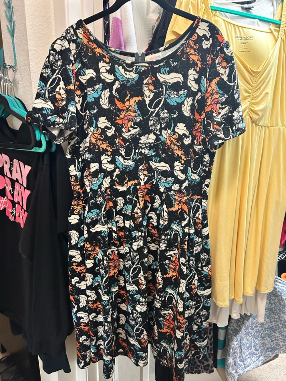 LuLaRoe Black Short Sleeve Amelia Dress with Teal, Orange & Cream Floral Print